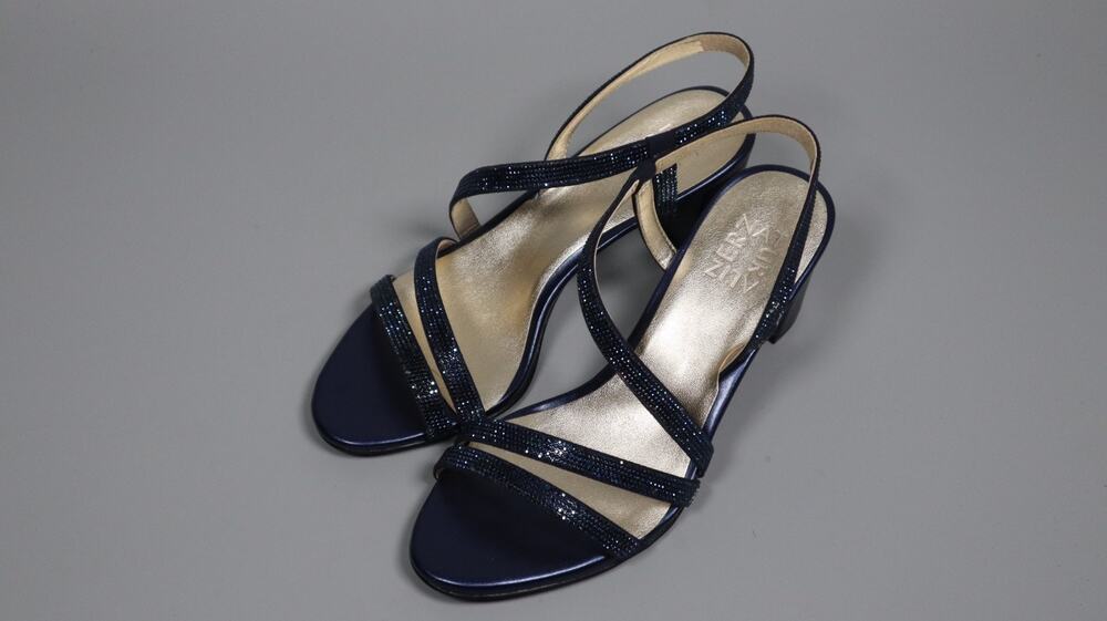 Naturalizer Vanessa Women Navy Blue Rhinestone Strappy Chunky Block Heel Sandal